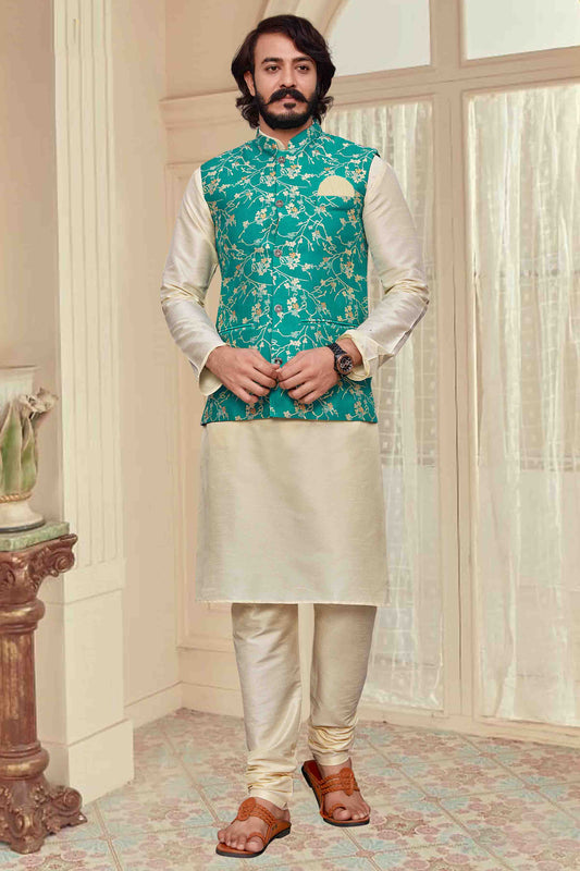 Ivory Colour Kurta Pajama With Jacket In Art Silk