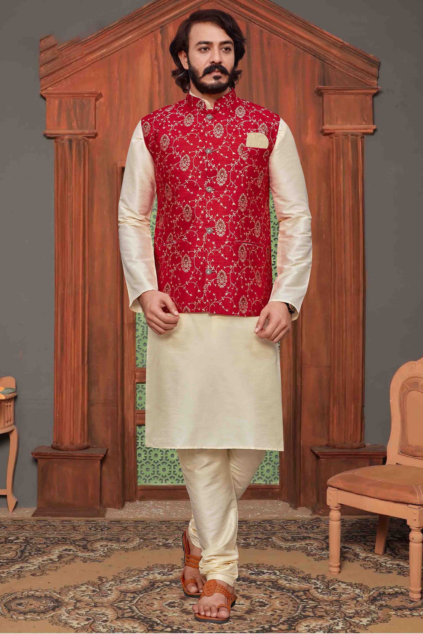 Ivory Colour Kurta Pajama With Jacket In Art Silk