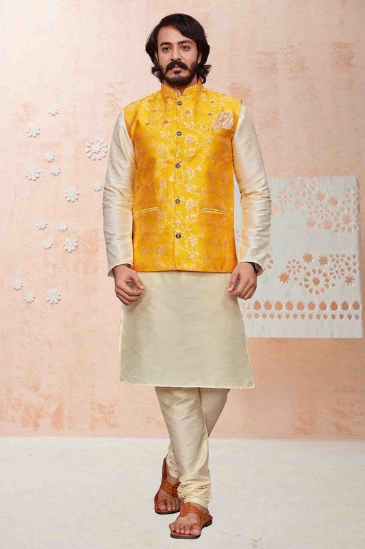 Ivory Colour Kurta Pajama With Jacket In Art Silk