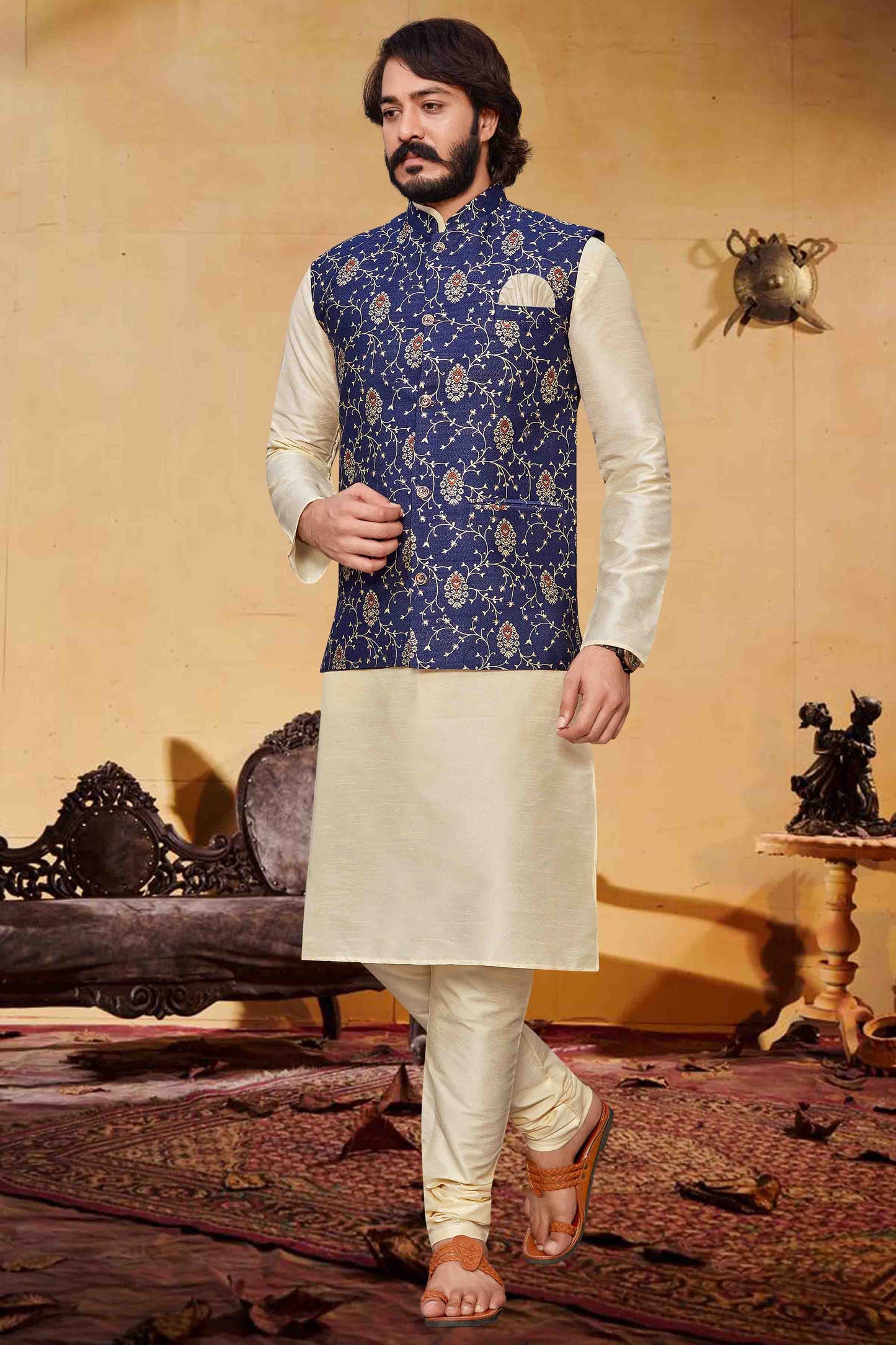 Ivory Colour Kurta Pajama With Jacket In Art Silk