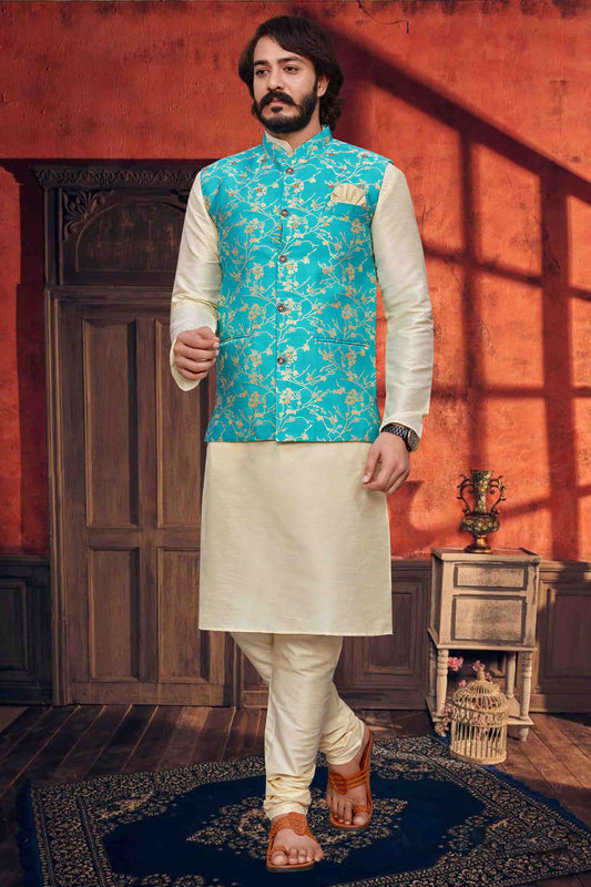 Ivory Colour Kurta Pajama With Jacket In Art Silk