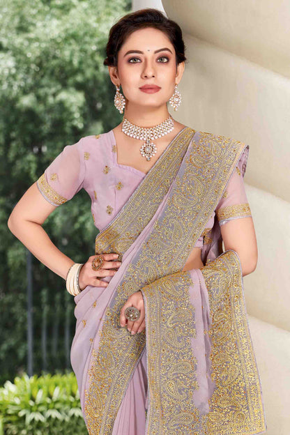 Lavender Colour Georgette Designer Saree