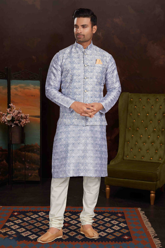 Lavender Colour Kurta Pajama With Jacket In Malai Silk