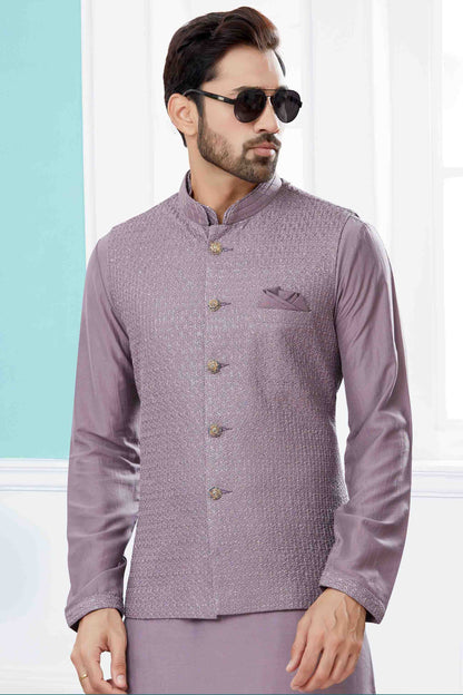 Lavender Colour Kurta Pajama With Jacket In Silk Dupion Fabric