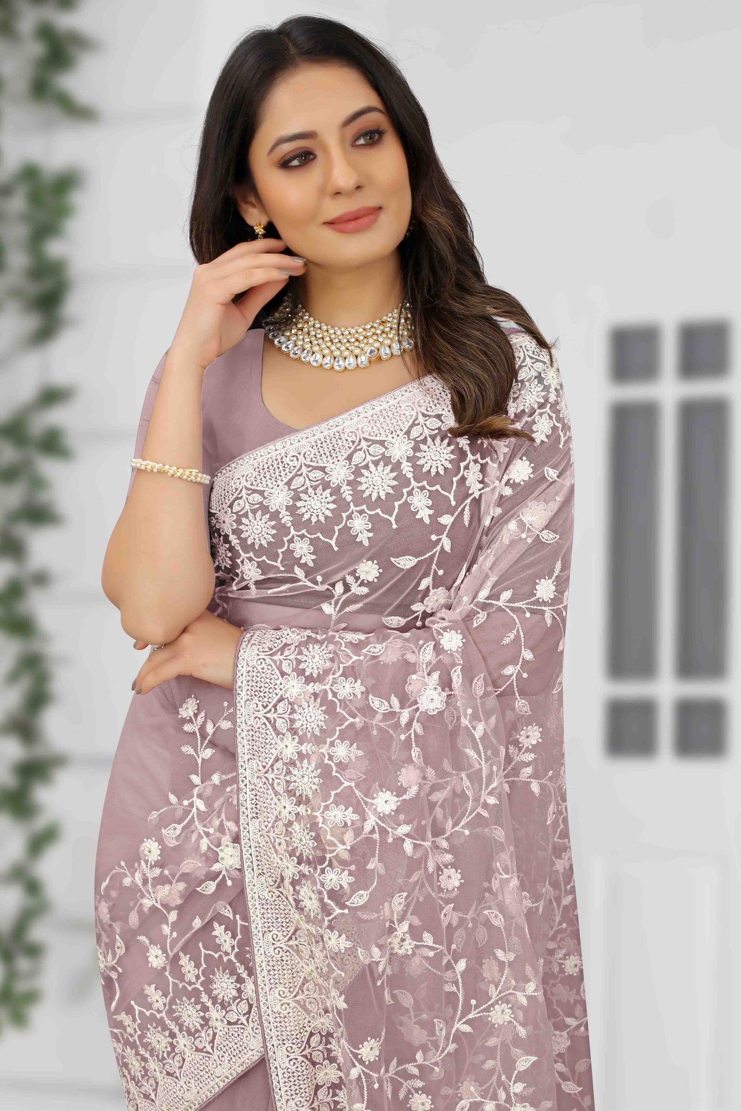 Lavender Colour Net Designer Saree