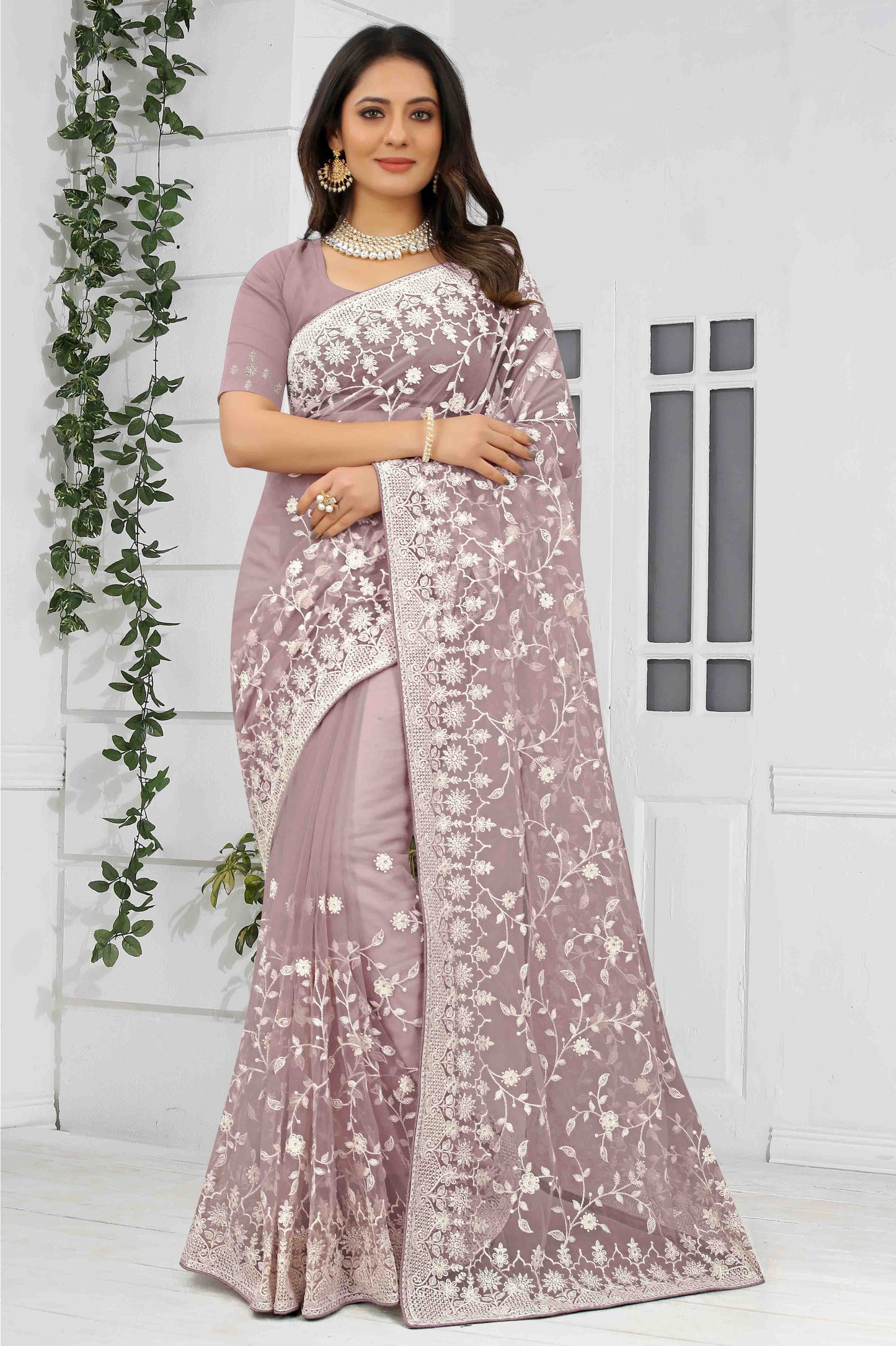 Lavender Colour Net Designer Saree