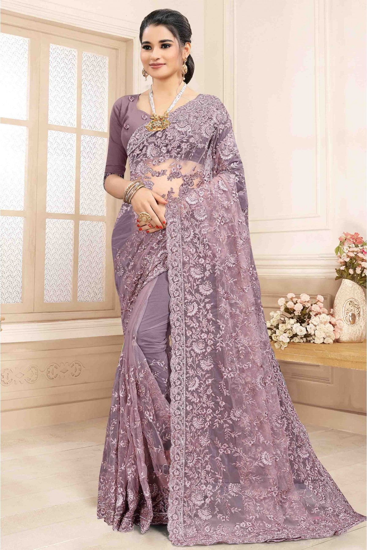 Lavender Colour Net Designer Saree