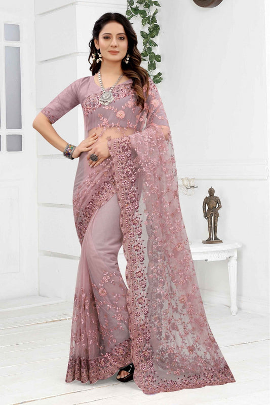 Lavender Colour Net Embroidery Saree