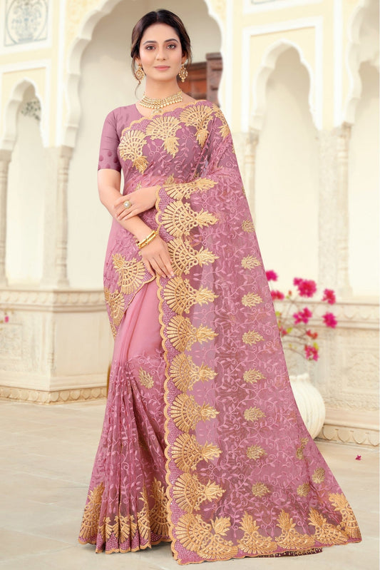 Lavender Colour Net Embroidery Saree