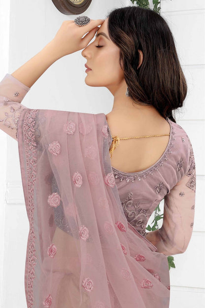 Lavender Colour Net Embroidery Saree