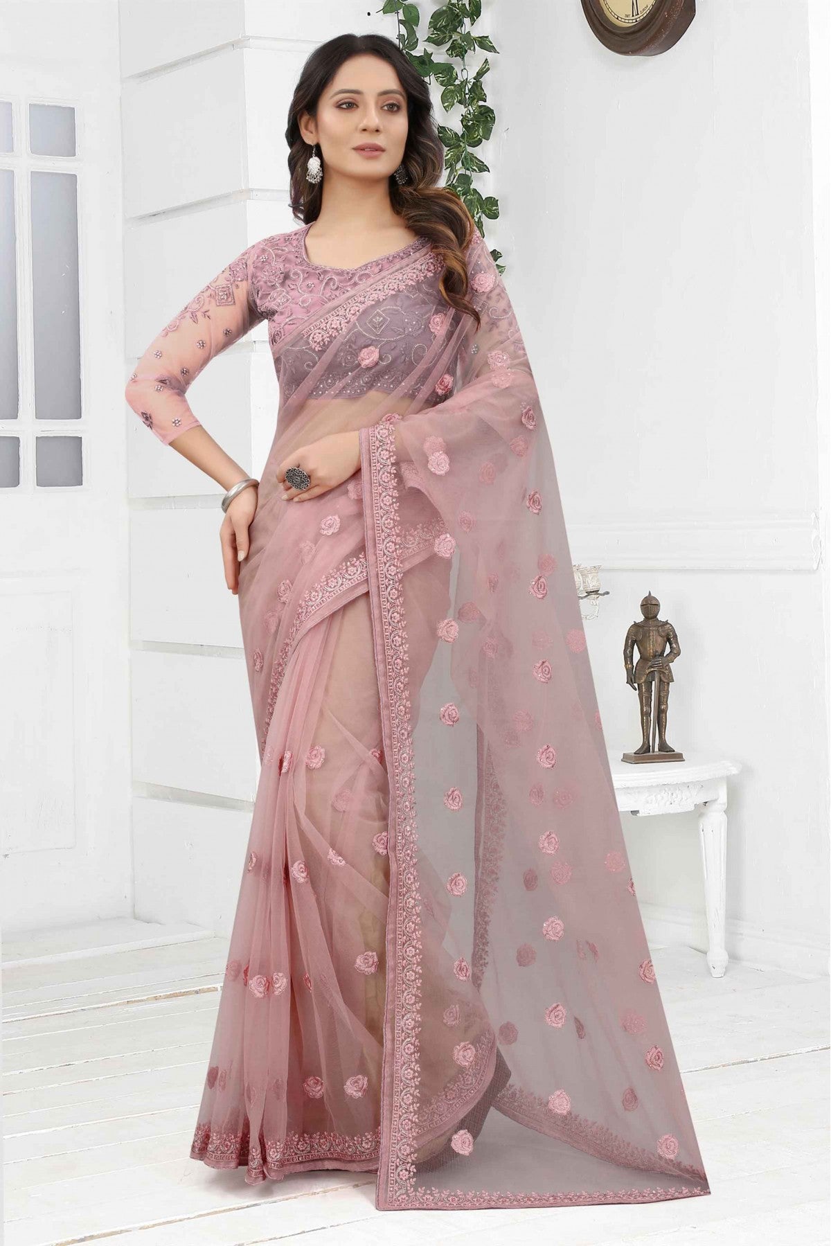 Lavender Colour Net Embroidery Saree