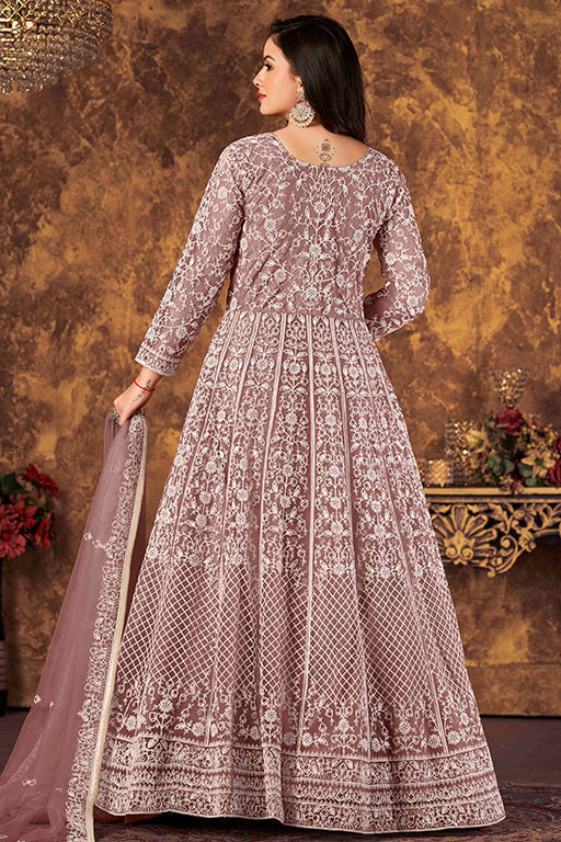 Lavender Colour Net Semi Stitched Anarkali Suit