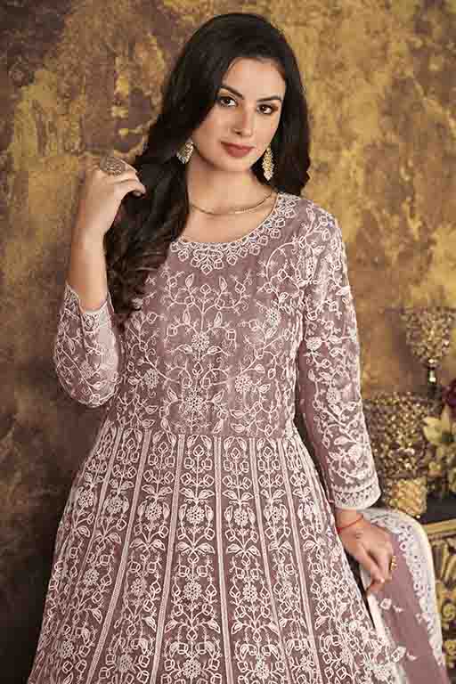 Lavender Colour Net Semi Stitched Anarkali Suit