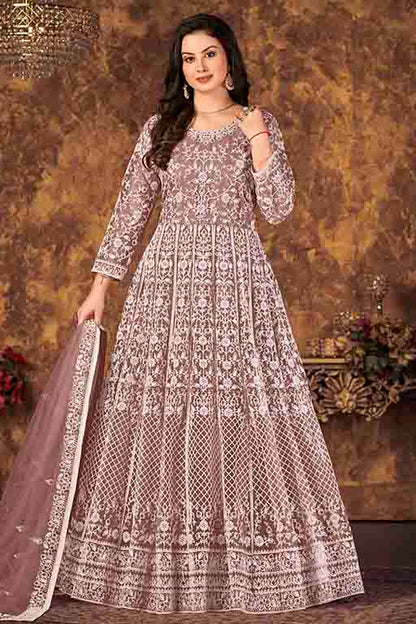 Lavender Colour Net Semi Stitched Anarkali Suit