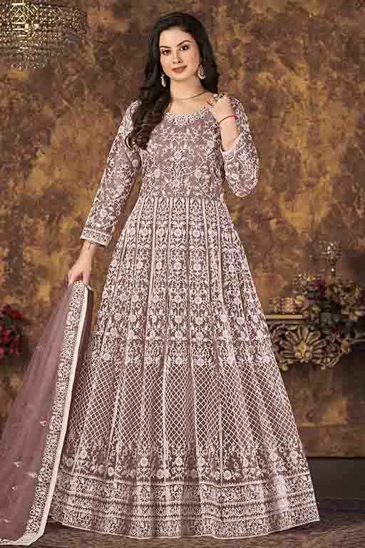 Lavender Colour Net Semi Stitched Anarkali Suit