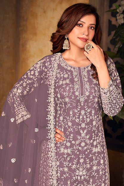 Lavender Colour Net Semi Stitched Palazzo Pant Suit