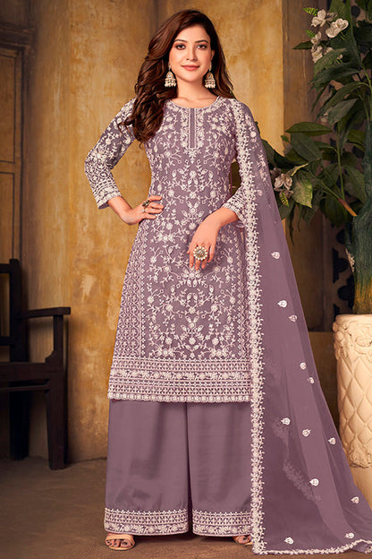 Lavender Colour Net Semi Stitched Palazzo Pant Suit