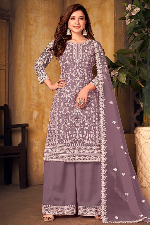 Lavender Colour Net Semi Stitched Palazzo Pant Suit