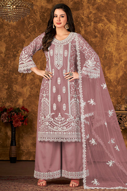 Lavender Colour Net Semi Stitched Palazzo Pant Suit