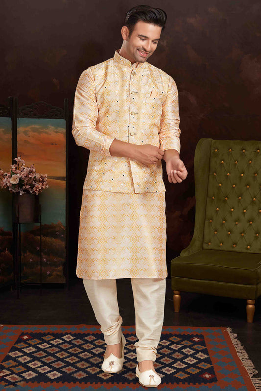 Light Yellow Colour Kurta Pajama With Jacket In Malai Silk