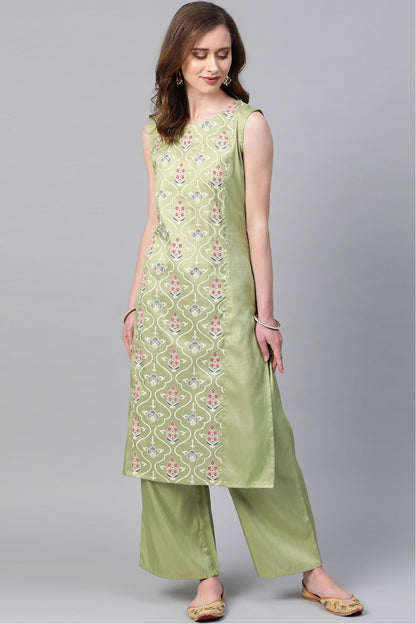 Light Green Colour Plus Size Poly Silk Straight Kurta Palazzo Set