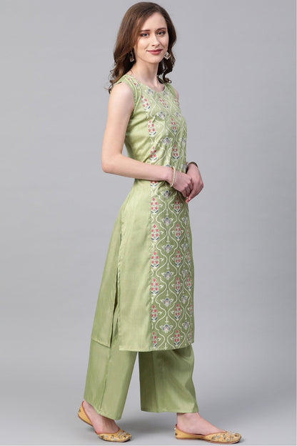 Light Green Colour Plus Size Poly Silk Straight Kurta Palazzo Set