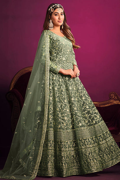 Light Grey Colour Net Anarkali Suit