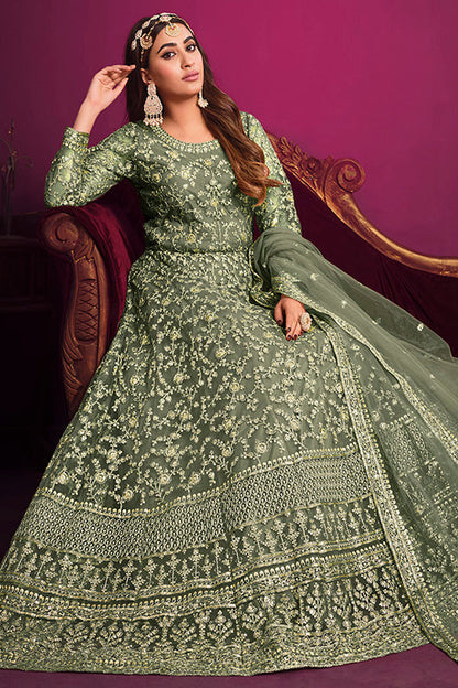 Light Grey Colour Net Anarkali Suit