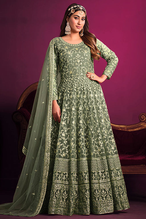 Light Grey Colour Net Anarkali Suit