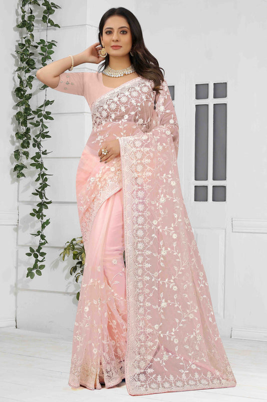 Light Peach Colour Net Designer Saree