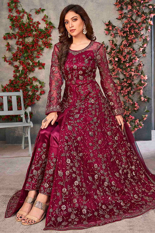 Magenta Colour Net Semi Stitched Pant Style Suit