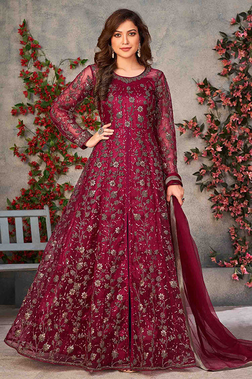 Magenta Colour Net Semi Stitched Pant Style Suit