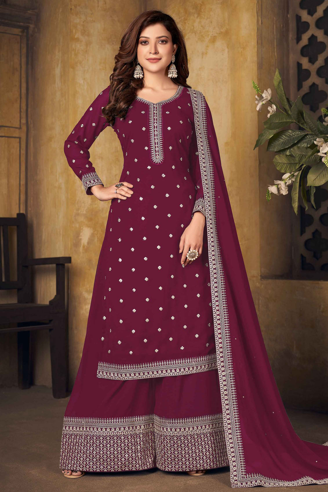 Magenta and Pink Colour Faux Georgette Embroidery Palazzo Pant Suit