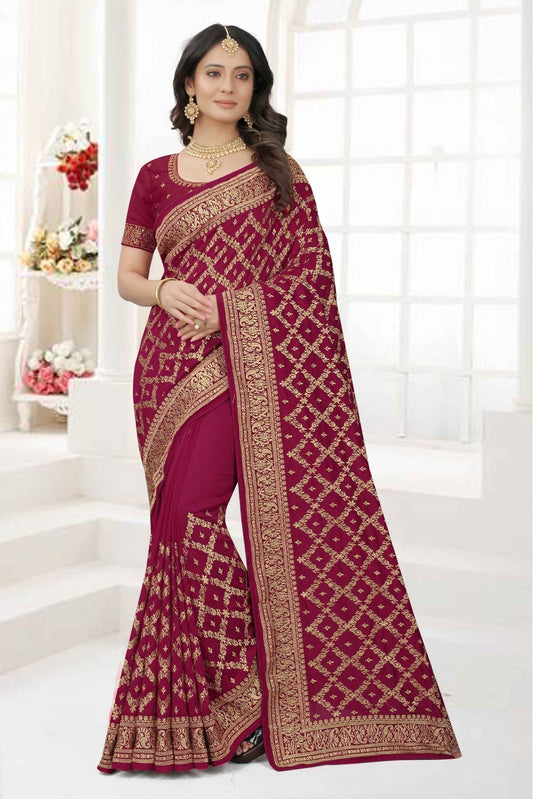 Magenta and Pink Colour Vichitra Silk Embroidery Saree