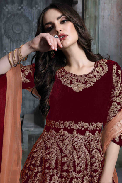 Maroon Colour 9000 Velvet Semi Stitched Anarkali Suit