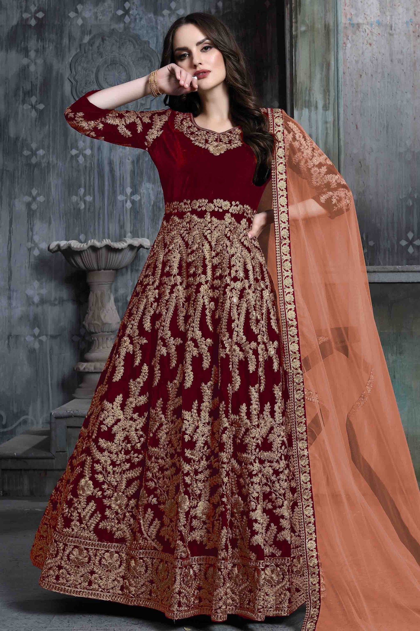 Maroon Colour 9000 Velvet Semi Stitched Anarkali Suit