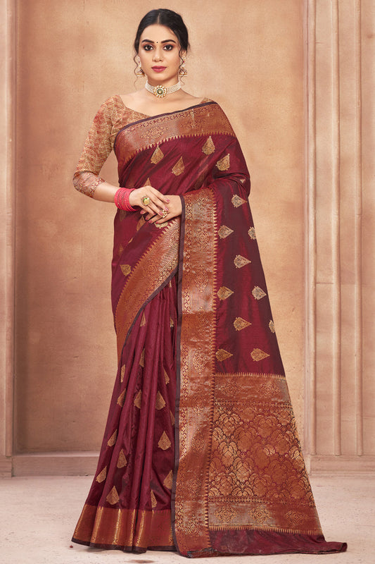 Maroon Colour Cotton Silk Traditional Saree In Woven Work