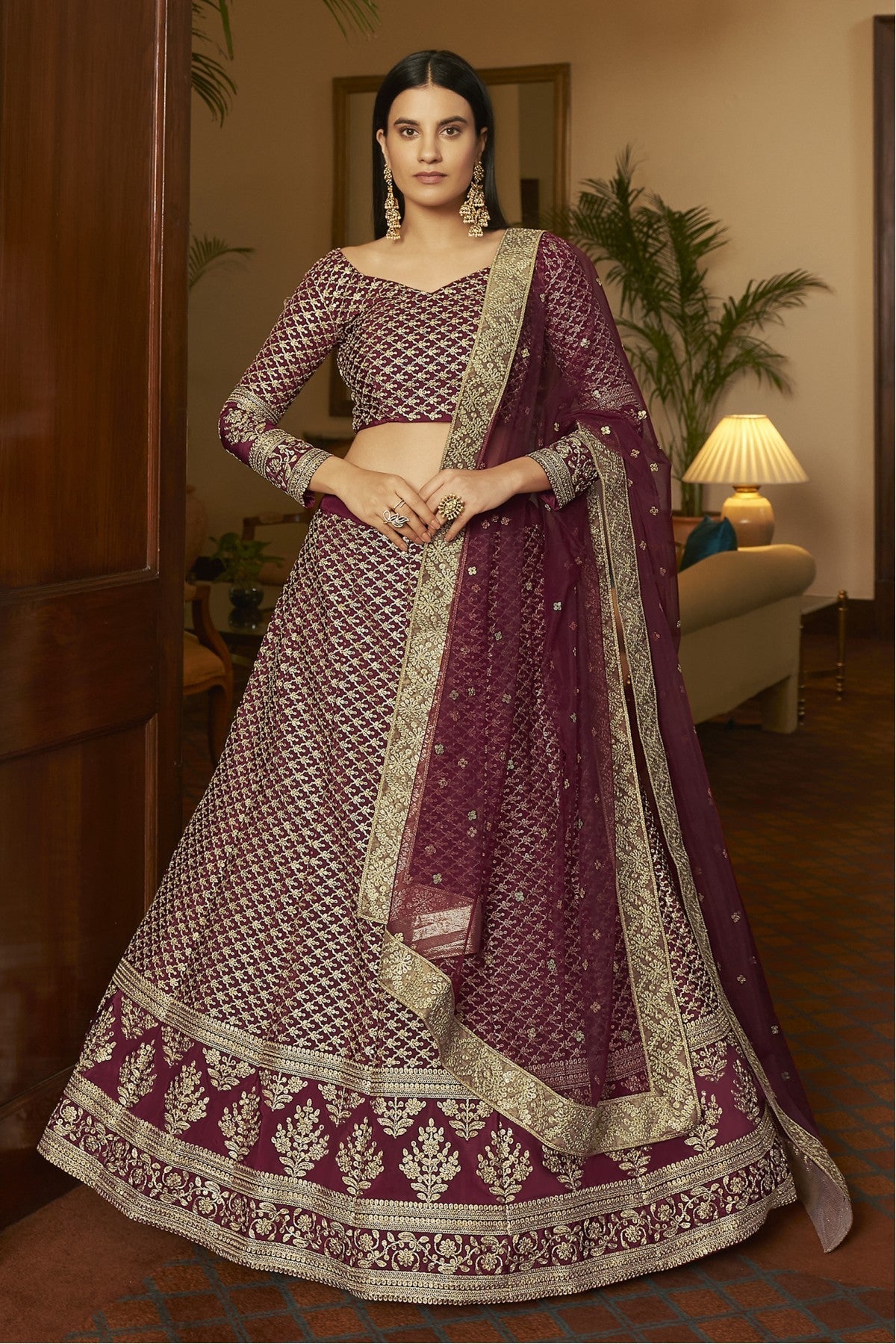 Maroon Colour Crepe Embroidery Lehenga Choli