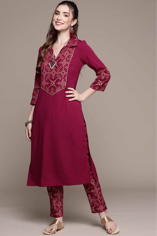 Maroon Colour Crepe Foil Print Kurta With Pant