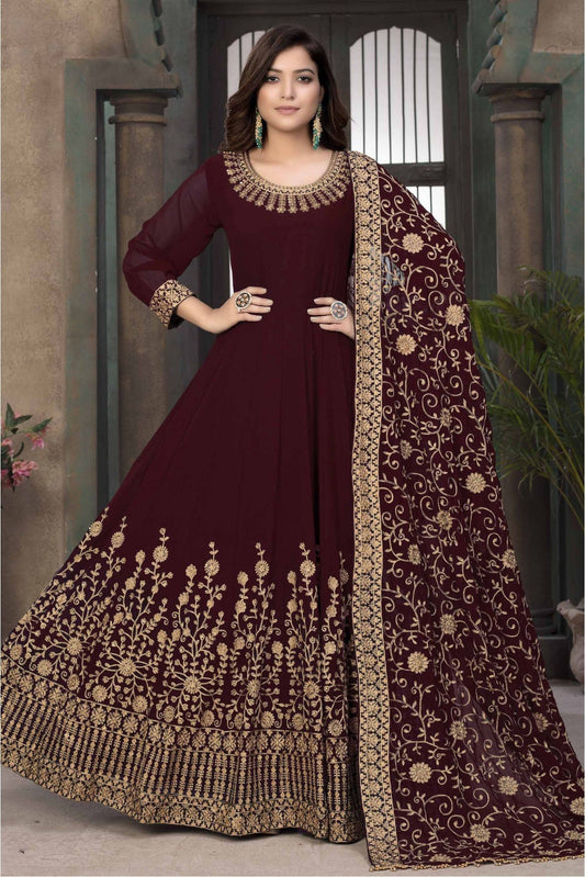 Maroon Colour Faux Georgette Embroidery Anarkali Suit