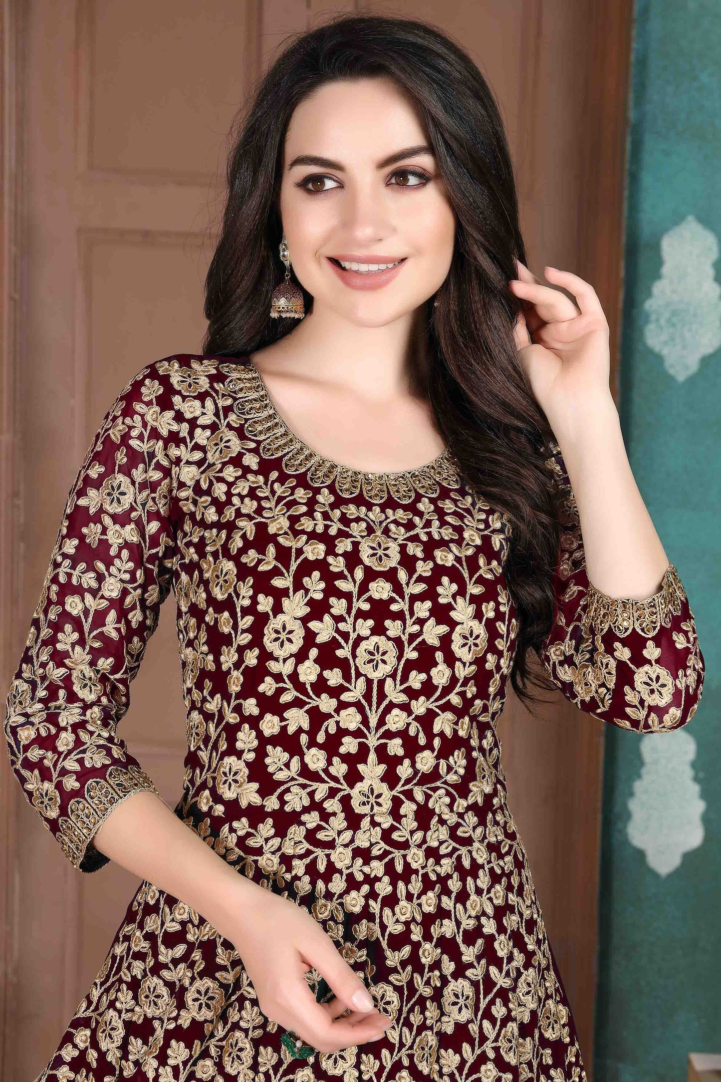 Maroon Colour Faux Georgette Semi Stitched Anarkali Suit