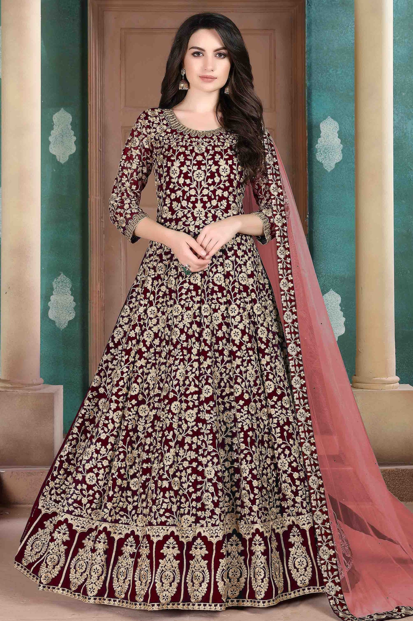 Maroon Colour Faux Georgette Semi Stitched Anarkali Suit