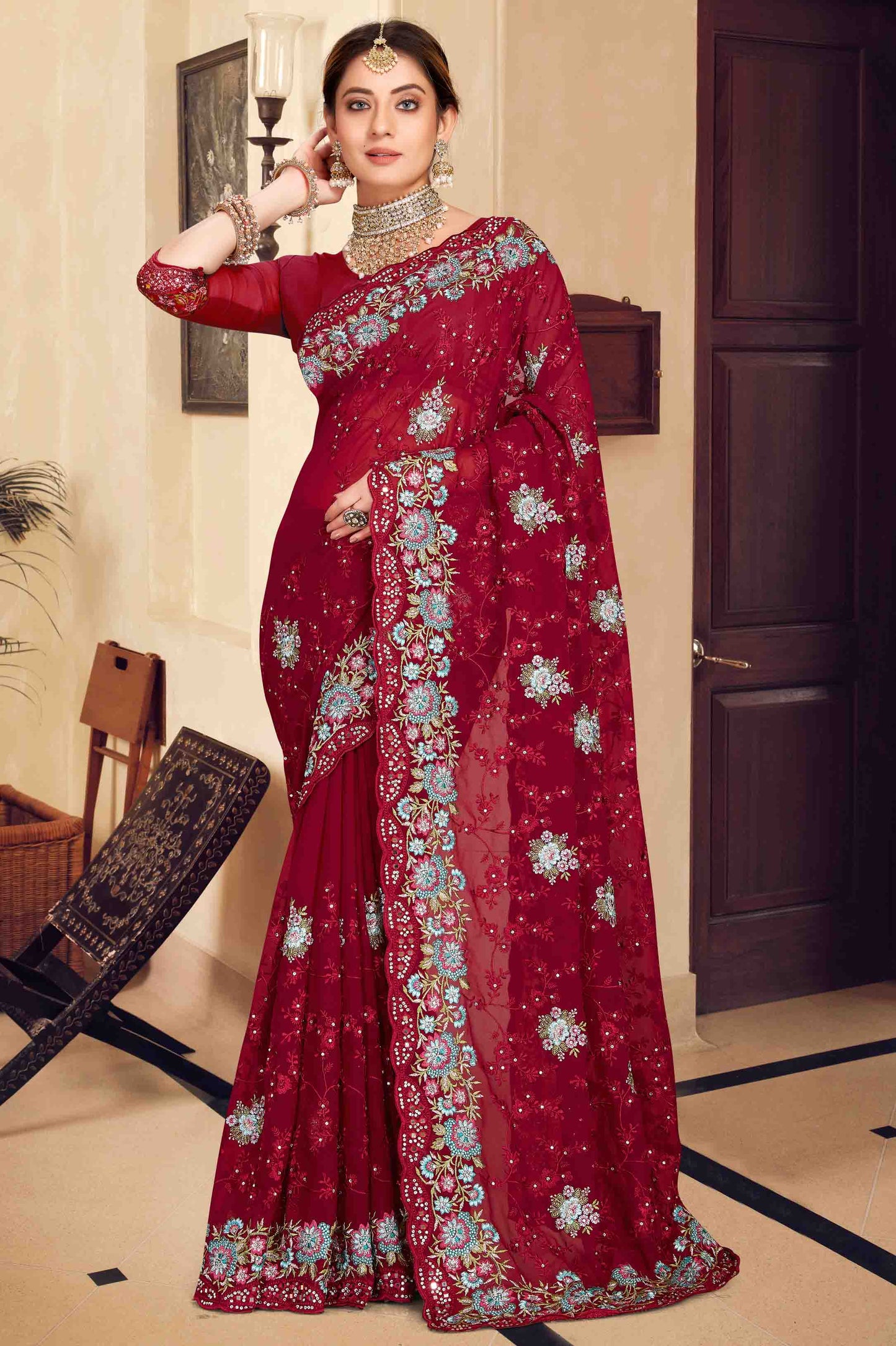 Maroon Colour Georgette Designer Saree