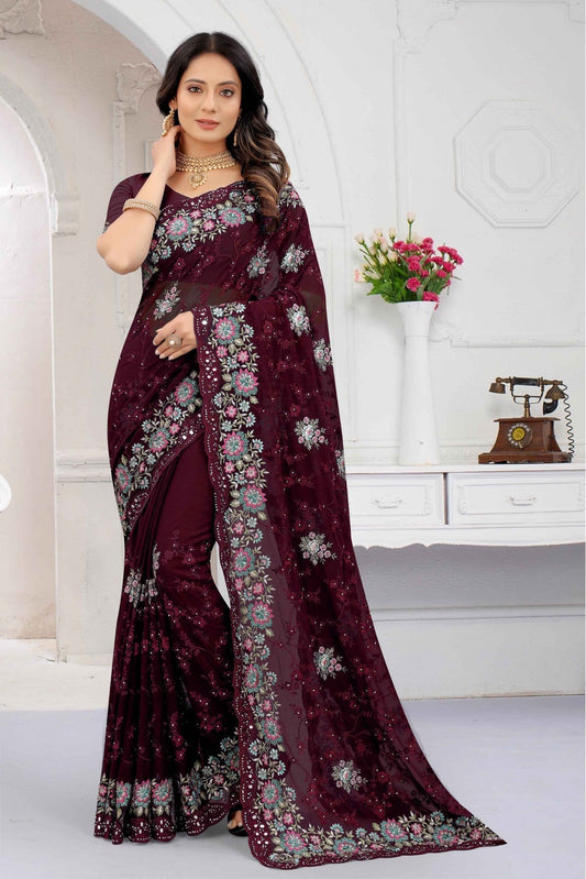 Maroon Colour Georgette Embroidery Saree