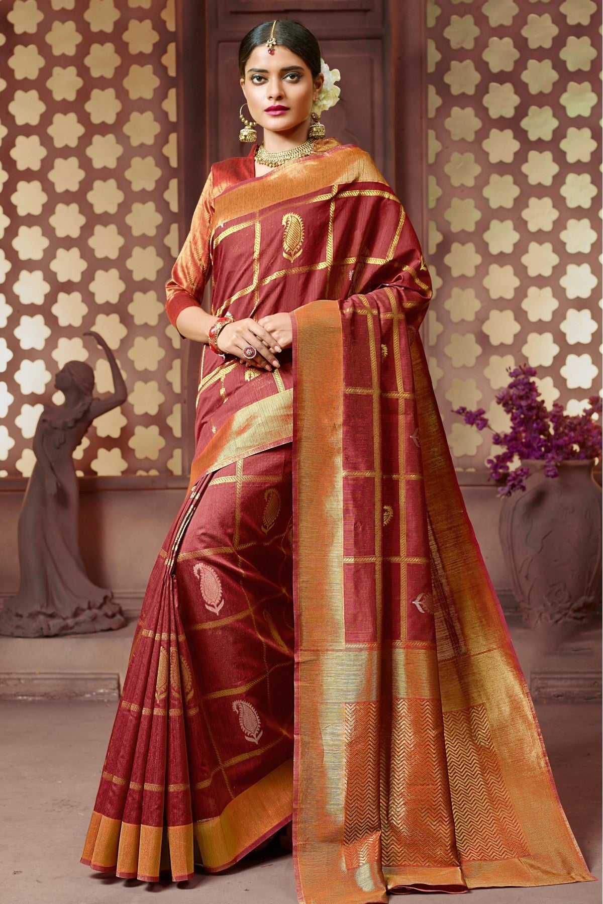 Maroon Colour Handloom Cotton Traditional Saree