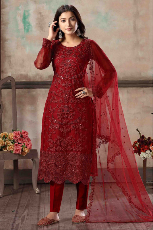 Maroon Colour Net Embroidery Pant Style Suit