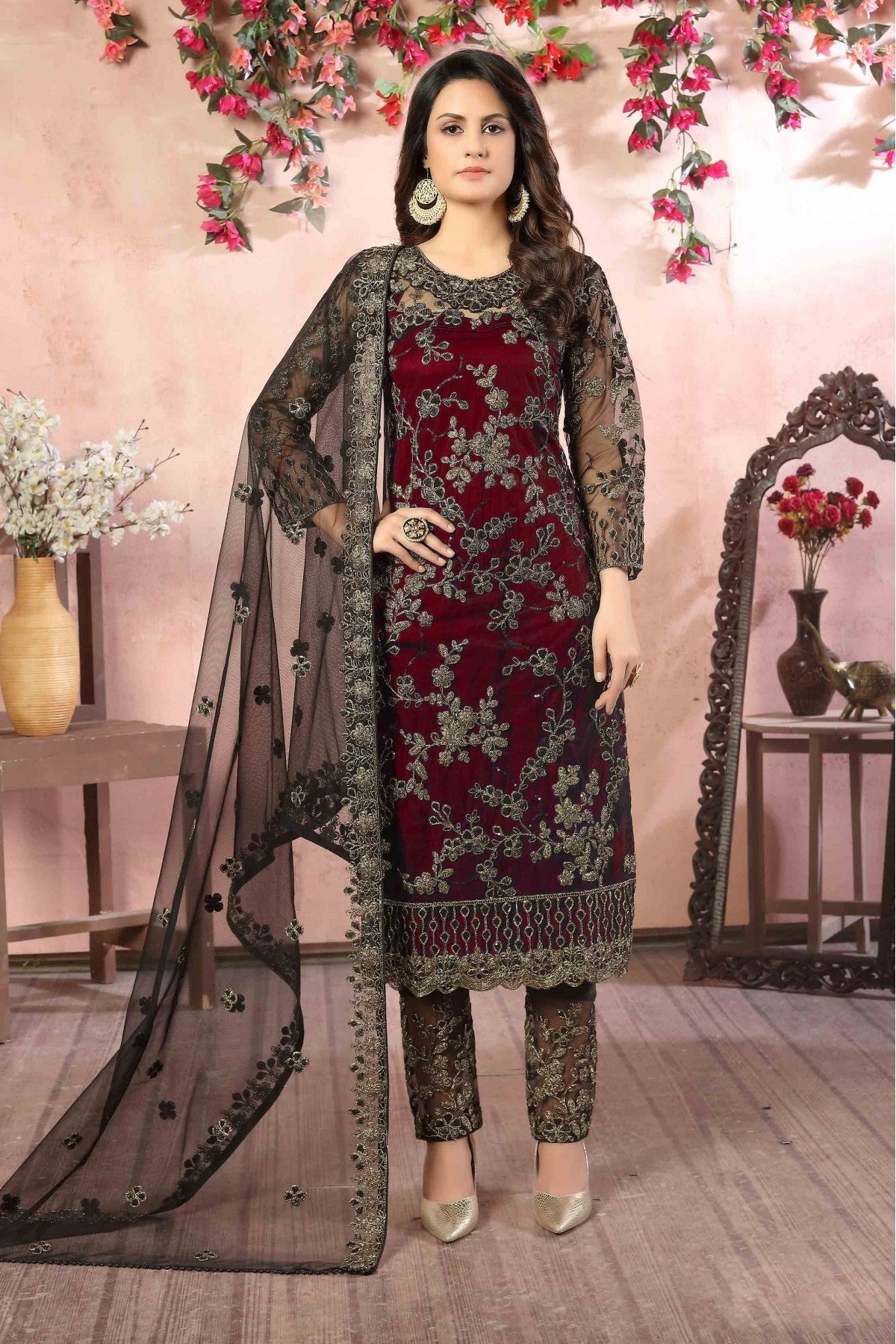 Maroon Colour Net Pant Style Suit