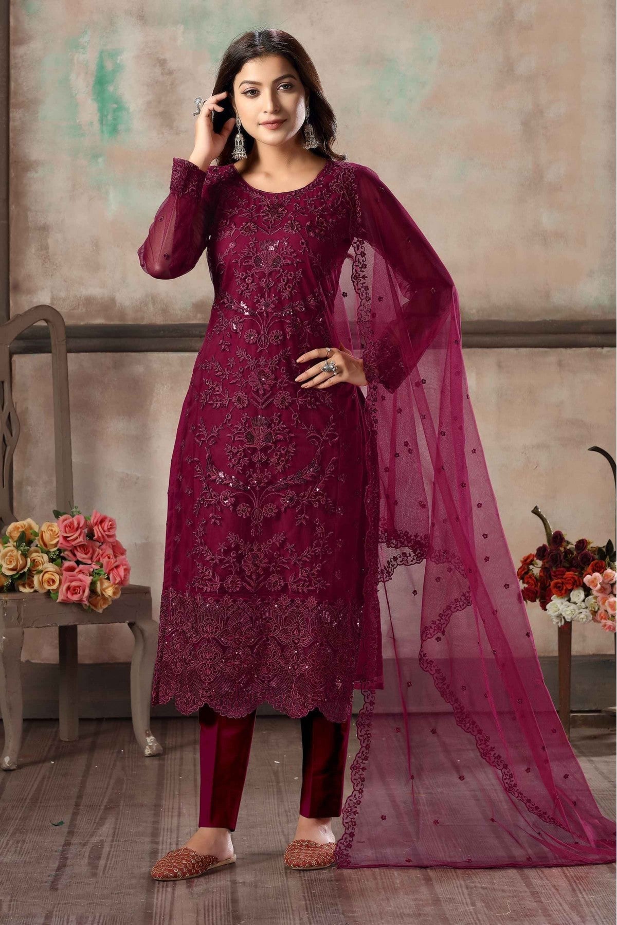 Maroon Colour Net Pant Style Suit