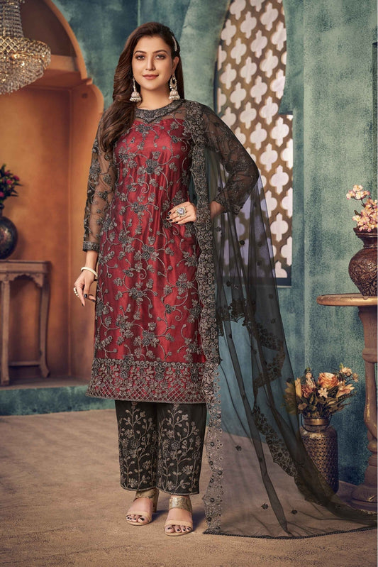 Maroon Colour Net Pant Style Suit