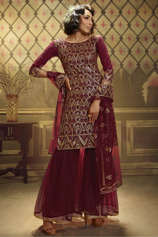 Maroon Colour Net Sequins Work Sharara Suit